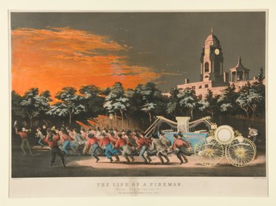 The Life of a Fireman / The Race. - "Jump her, boys, jump her!" by Nathaniel Currier