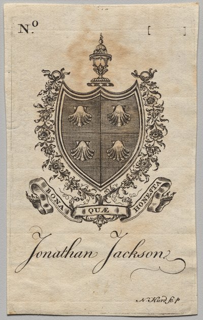 Bookplate: Coat of Arms with Jonathan Jackson inscribed by Nathaniel Hurd