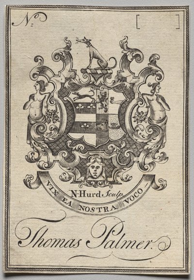 Bookplate: Coat of Arms with Thomas Palmer inscribed by Nathaniel Hurd