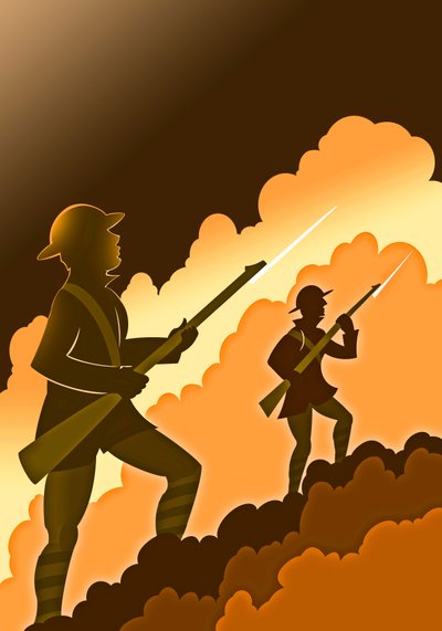 World War One Soldiers with Bayonets - Emerging from Trenches by Neale Osborne