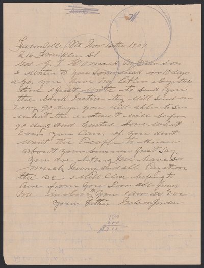 Letter from Nelson Jordan to Julia Womack with an envelope by Nelson Jordan