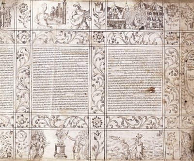 Illuminated Manuscript in Sephardic Script, Showing Scenes of Dutch Life and the Bible with Floral Cartouches by Netherlandish School