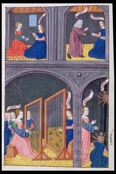 Arachne challenges Pallas and becomes a spider, from Metamorphoses 6 by Ovid by Netherlandish School