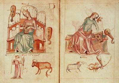 Venus playing an instrument with her ruling signs and in detriment, from 
