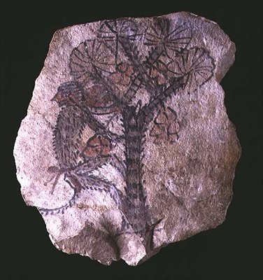 Ostracon Depicting a Monkey Climbing a Tree by New Kingdom Egyptian