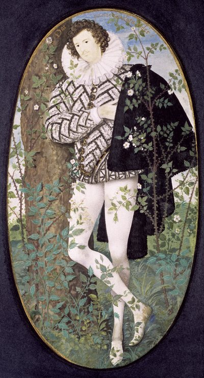 A Young Man Leaning Against a Tree Among Roses by Nicholas Hilliard