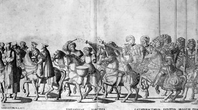 Plate 30 and 31 of the Entry of Pope Clement VII and Emperor Charles V into Bologna on 24 February 1530, published c.1530 by Nicholas Hogenberg