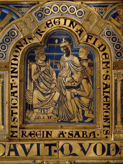 Verdun Altar made in gold and enamel by Nicholas of Verdun (ca.1130/50-1205): scenes from the Old and New Testament: detail representing the Queen of Sheba bringing presents to King Solomon by Nicholas of Verdun