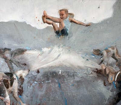 Girl jumping with dogs by Nicola Pucci