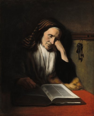 An Old Woman Dozing Over a Book, c.1655 by Nicolaes Maes