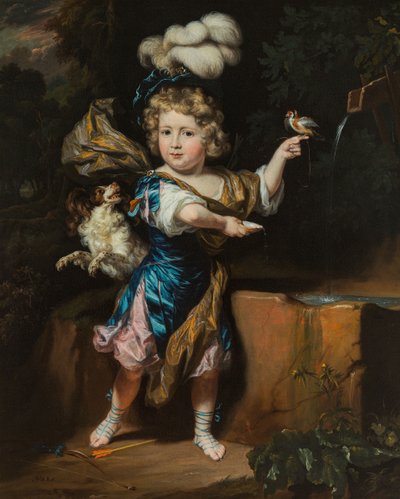 Boy with Bird and Dog at a Fountain by Nicolaes Maes
