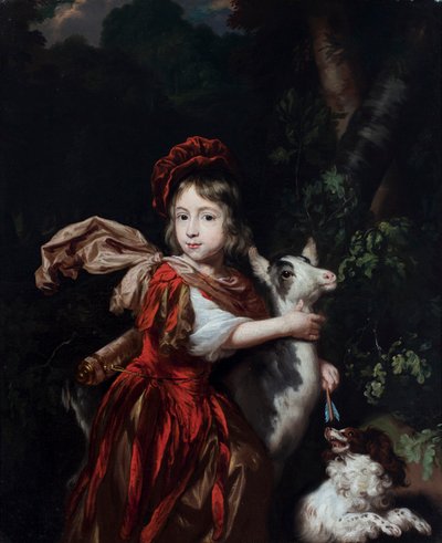 Portrait of a Young Boy Dressed as a Hunter with a Goat and a Dog by Nicolaes Maes