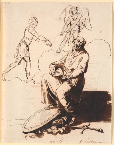 Ariosto, Sitting with a Lute, at His Feet Weapons, in the Background Cupid Dragging a Man by Nicolai Abildgaard