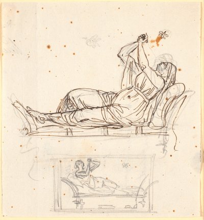 Sheet with Two Studies of a Woman Lying on an Antique Bench by Nicolai Abildgaard