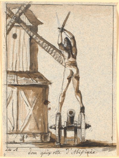 Don Quixote, Standing on a Cannon, Sword Raised Against a Windmill by Nicolai Abildgaard