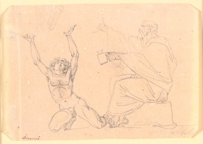 A Man Dressed in a Toga Sitting with a Lantern in His Left Hand, to His Left Kneels a Naked Man with Raised Arms by Nicolai Abildgaard