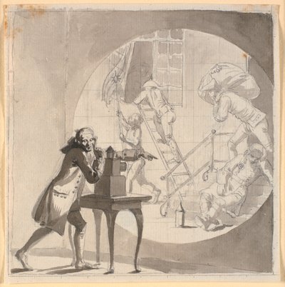 A Man with a Magic Lantern Shows a Theft Happening Right Under the Nose of the Sleeping Watchman by Nicolai Abildgaard