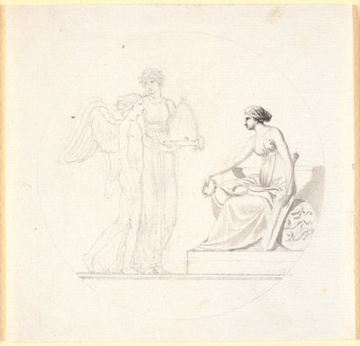 A young woman with a beehive leads a winged young man towards a seated female figure by Nicolai Abildgaard