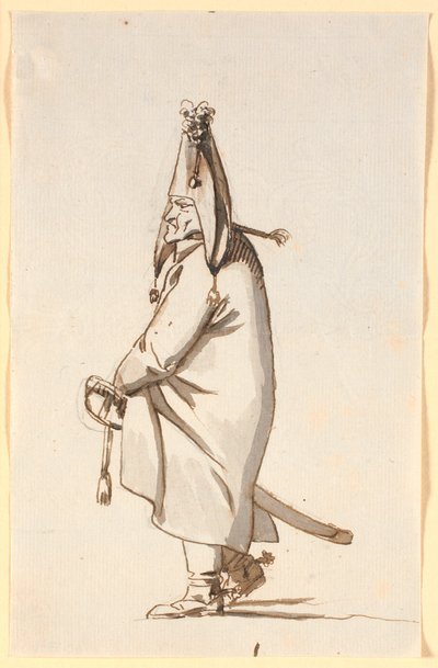 Caricature of a Military Person in a Long Cape, Riding His Saber as a Hobby Horse by Nicolai Abildgaard