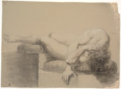 Reclining Model. To the Left. Head and Upper Body Resting on a Pillow, Legs Raised and Left Leg Resting on Another Pillow by Nicolai Abildgaard