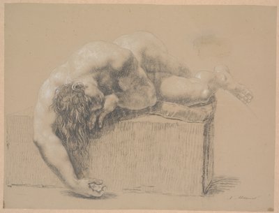 Lying Model on Plinth with Pillow. To the Right. Right Arm Hanging Over the Plinth. Left Arm Under the Head. Long Hanging Hair by Nicolai Abildgaard