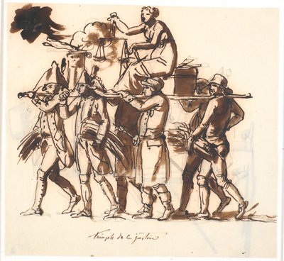 The Triumph of Justice. Six Men Carrying a Stretcher on Which the Female Figure of Justice Sits with Scales by Nicolai Abildgaard