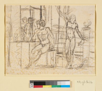 Scene with Naked Figures, in the Center a Seated Man, to the Right a Standing Man with Raised Arm by Nicolai Abildgaard