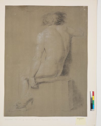 Seated Model on High Plinth with Cushion. Seen from Behind. Right Arm Cut Off. Left Arm Hanging Down. Legs Crossed by Nicolai Abildgaard