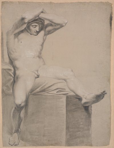Seated Model on High Plinth with Cushion. Seen from the Front. Arms Raised and Crossed Over Head. Left Leg Extended and Slightly Bent by Nicolai Abildgaard
