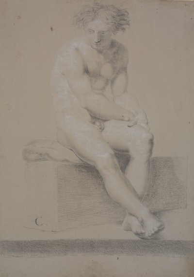 Seated Model on Plinth with Pillow. Hands Meeting Over Left Thigh. Feet Crossed by Nicolai Abildgaard
