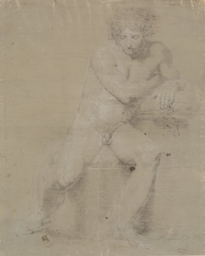 Seated Model on Plinth with Cushion. Seen from the Front. Right Hand Under Left Armpit by Nicolai Abildgaard