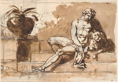 Seated Naked Man with a Poodle to the Left and an Agave by Nicolai Abildgaard