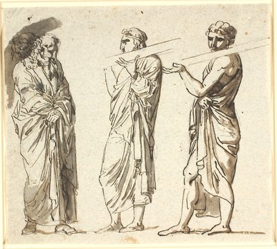 Three Standing Men, Two Younger Carrying a Plank on Their Shoulders, the Third Older in a Thoughtful Position by Nicolai Abildgaard