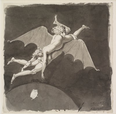 Catherine the Great, naked, flying away from the Earth on the Back of a Man with Bat Wings, 18th century by Nicolai Abraham Abildgaard