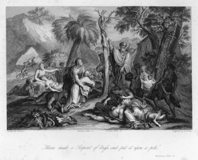 Raising up the brazen Serpent, Numbers XXI, 9 (engraving) by Nicolas (after) Poussin