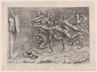 Naked Archers Shooting at a Target Attached to a Herm, Cupid Sleeping Below by Nicolas Beatrizet