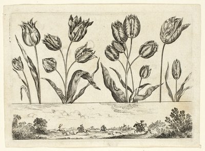 Flowers and Hunting Scene, from Livre Nouveau de Fleurs by Nicolas Cochin