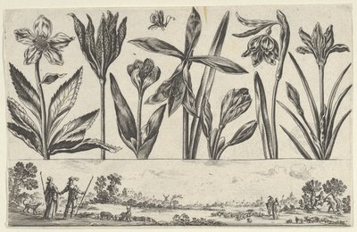 Horizontal Panel with a Row of Flowers Above a Frieze with Figures in a Landscape by Nicolas Cochin