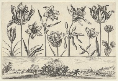 Horizontal Panel with a Row of Flowers Above a Frieze with a Battle Scene in a Landscape by Nicolas Cochin