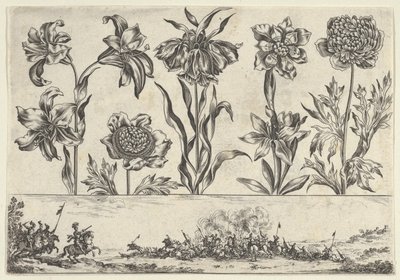 Horizontal Panel with a Row of Flowers Above a Frieze with a Battle Scene in a Landscape by Nicolas Cochin