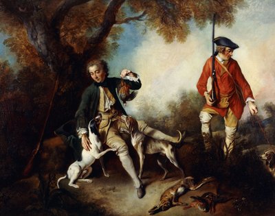 A Huntsman Holding a Gamebird and Resting by a Tree, His Servant and Hounds Nearby by Nicolas Lancret