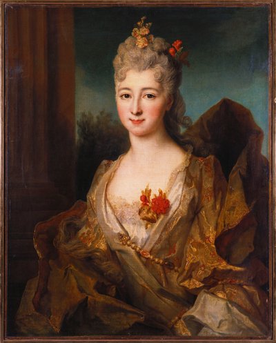 Portrait of a Lady, Half Length, in a White and Gold Embroidered Dress, with Flowers in Her Hair by Nicolas de Largillière