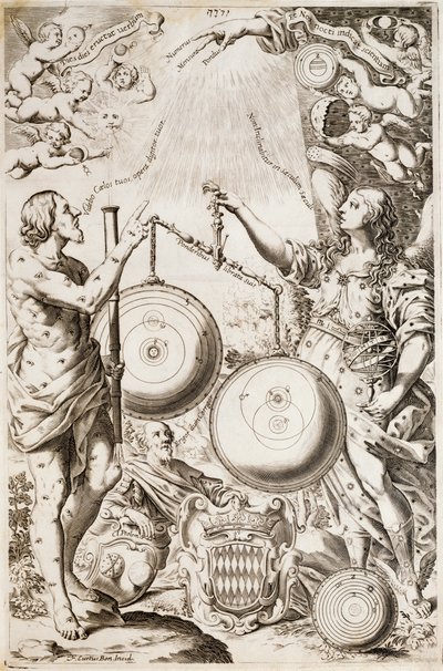 Tolomeo, Sitting Between Allegories of Argo and Astrea, Contemplates Diagrams of Cosmologies Drawn by Copernicus and Riccioli by Nicolaus (after) Copernicus