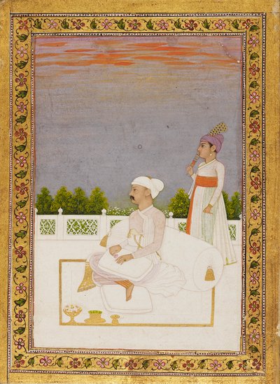 Nobleman, possibly Mir Qasim, seated on a terrace with attendant by Nidhama