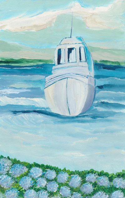 White Boat Blue Hydrangeas by Nikita Jariwala