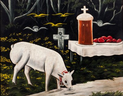 A Paschal Lamb and Easter Table with Flying Angels by Niko Pirosmani