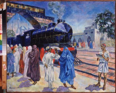 The First Train. In a Central Asian Station, with a Mosque in the Background, the Arrival of the Steam Train, Travelers on the Platform Heading to Board, Under the Watchful Eye of the Railway Employee. by Nikolai Afanasyevich Rusakov