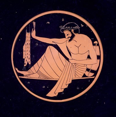 Attic Red-Figure Cup, Depicting a Banqueter with Drinking Horn by Nikosthenes