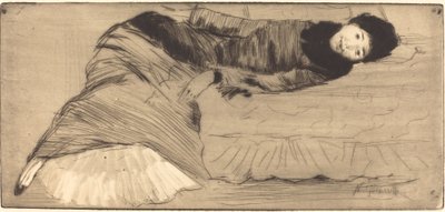 Smiling Woman Reclining on a Sofa by Norbert Goeneutte