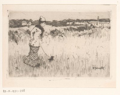 Walking Lady with Dog in a Landscape by Norbert Goeneutte